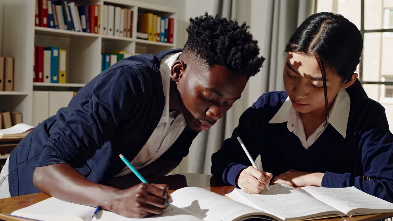 High-angle video of two students studying at a table, focused on writing in notebooks