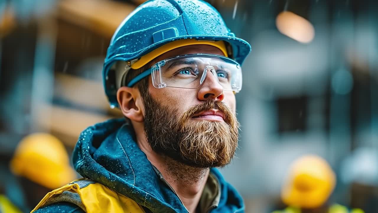 un hombre que llevaba casco y gafas de seguridad