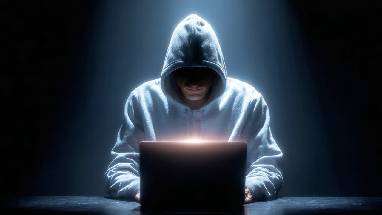 Mysterious Figure in a Hoodie Engaged with a Laptop in Low Light: A Glimpse into the World of Cyber Intrigue and Anonymity