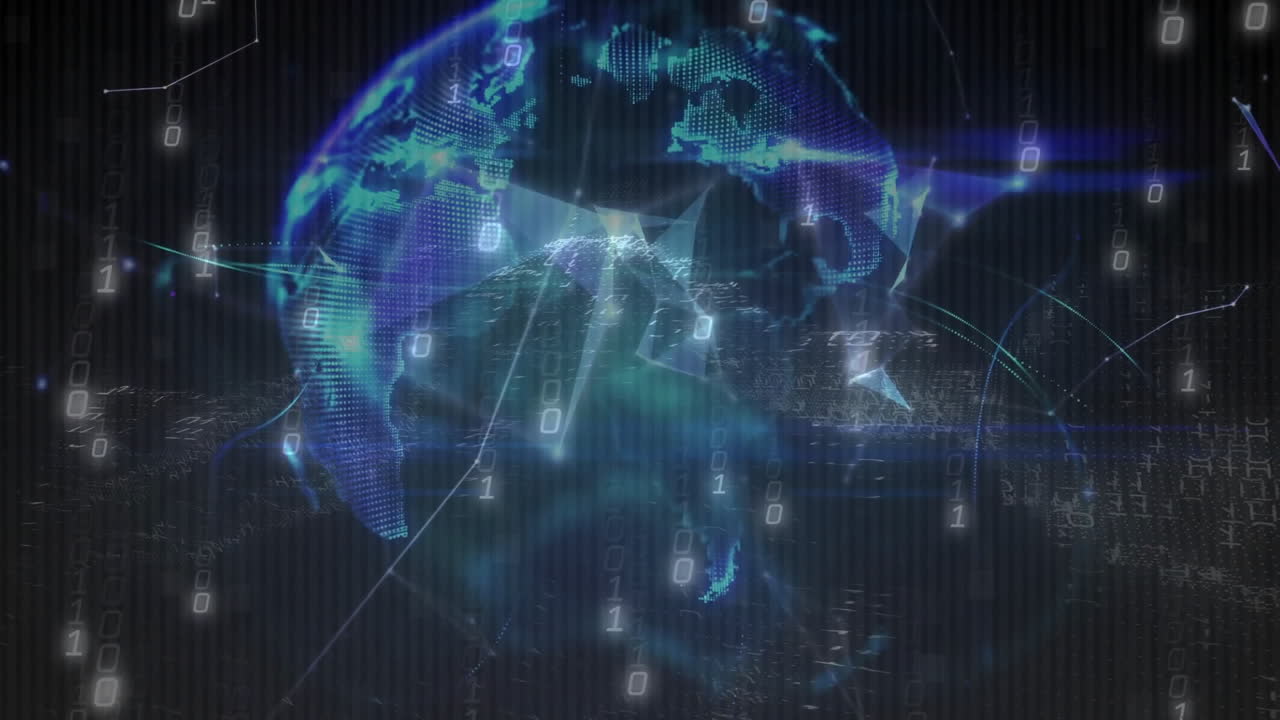 Animation of digital globe with binary code overlaying cityscape, showing global network