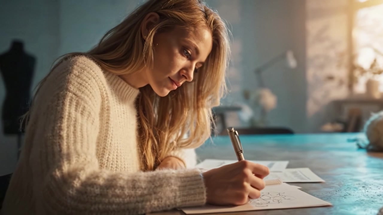 A young woman in a cozy setting creatively sketches ideas in her notebook, illuminated by soft lighting, showcasing focus and artistic expression during her creative process.