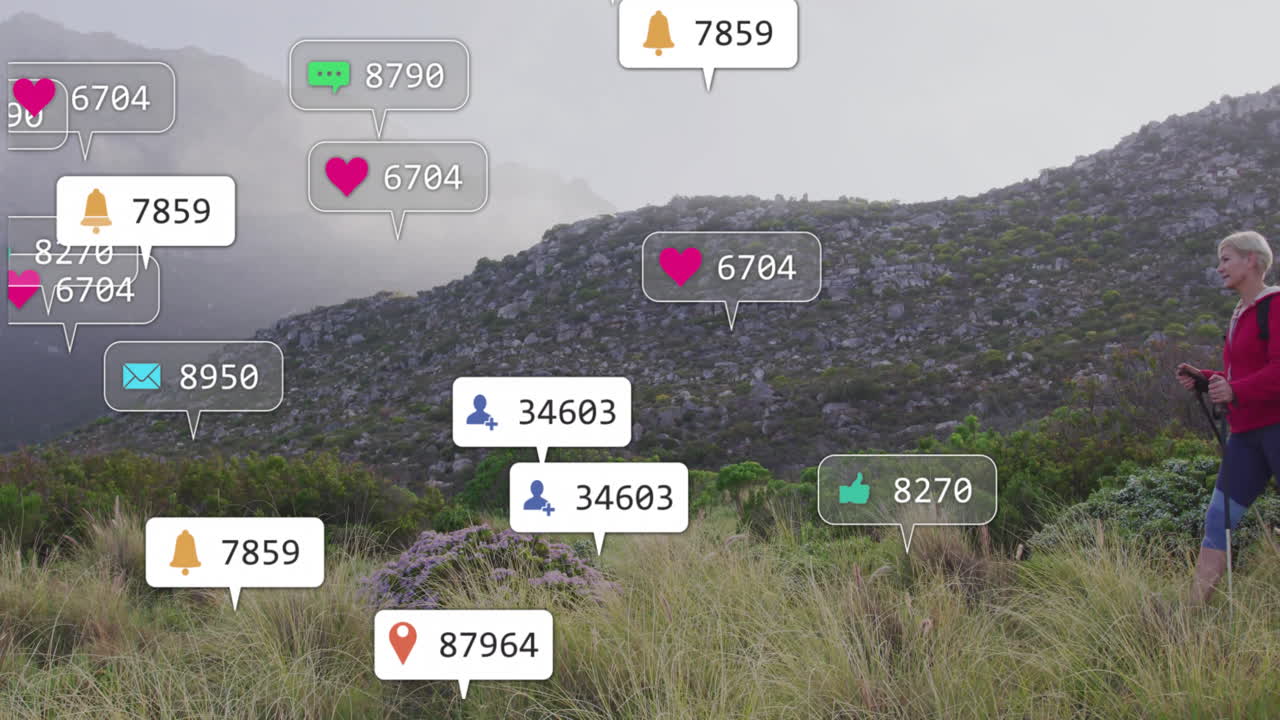 Woman using trekking poles hiking mountain trail, displaying social media tech icons