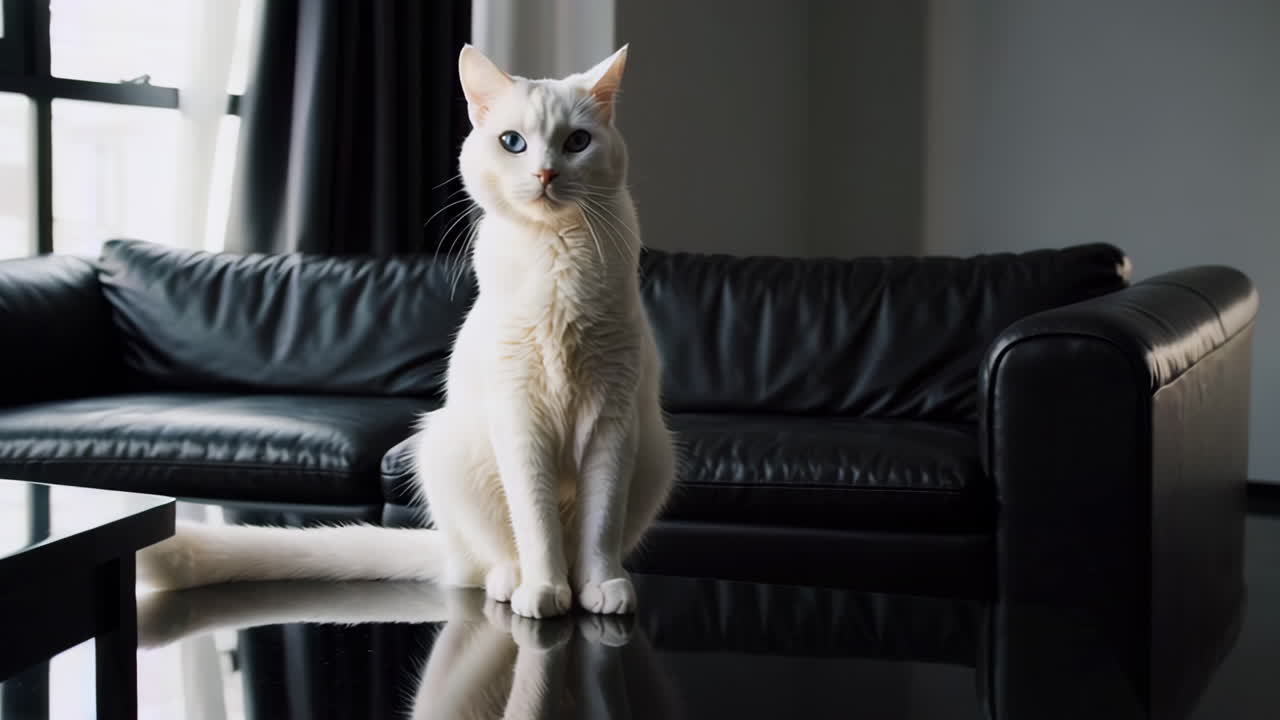 White Cat Sitting on a Coffee Table