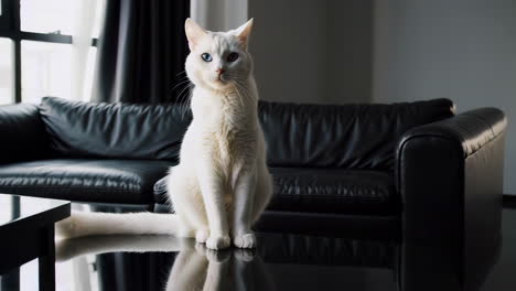 white cat sitting on a coffee table