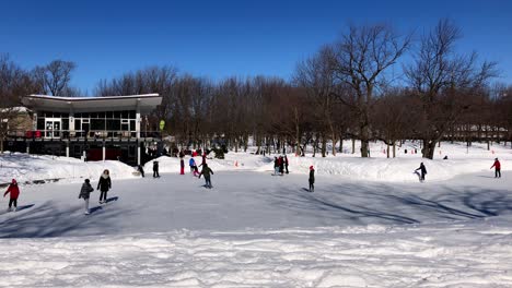 Los-Patinadores-Sobre-Hielo-Disfrutan-Jugando-En-El-Hielo-En-Un-Día-Azul-Brillante