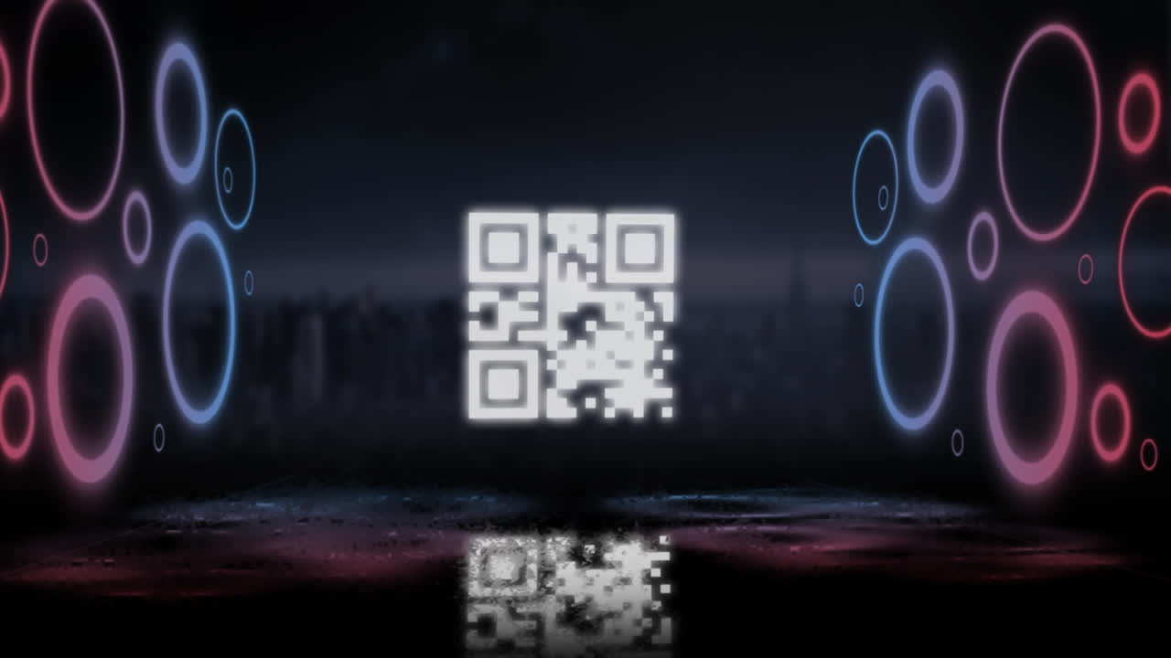 QR code scanner with neon elements against cityscape