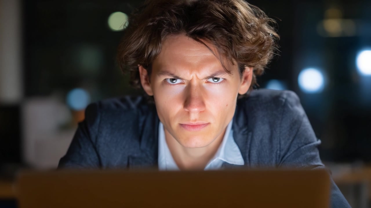 Massima Concentrazione: Una scena d'ufficio in penombra con un giovane uomo immerso nel lavoro al suo laptop, che esprime concentrazione e determinazione.