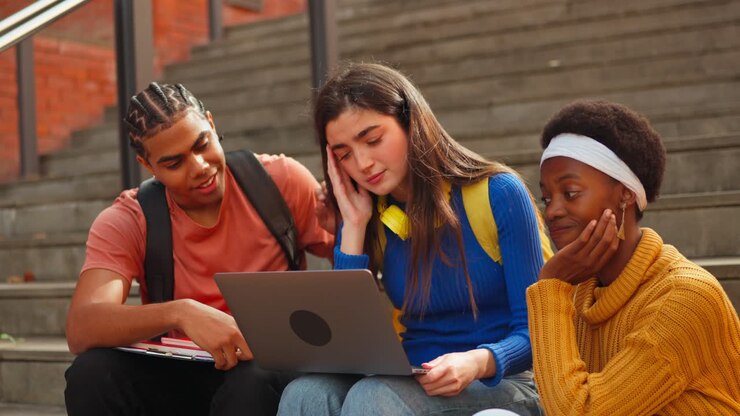 Studenti che collaborano su un portatile a scuola