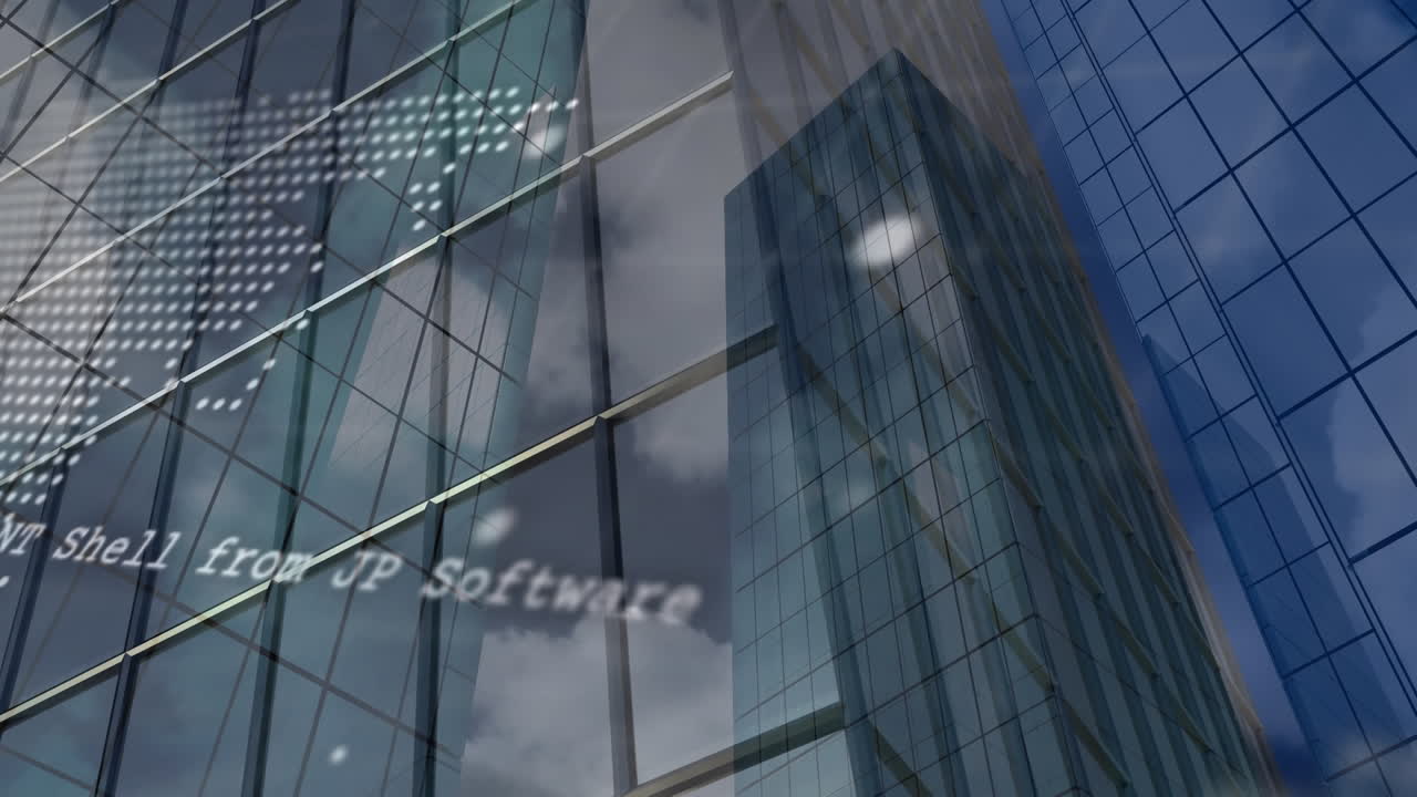 Animation of spinning globe and world map against low angle view of tall buildings