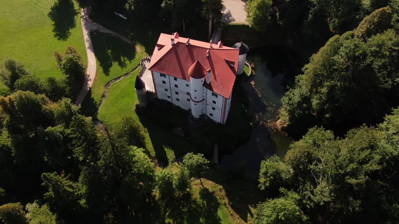 A drone shot over a Castle Snežnik in Slovenia