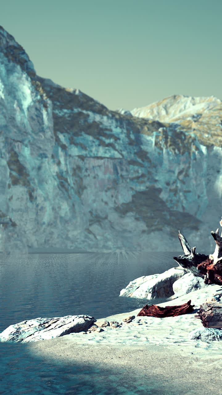 paisaje invernal sereno: lago glacial y montaña