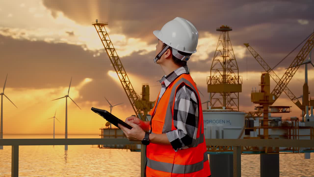Side View Of Asian Male Engineer With Safety Helmet Looking At The Tablet In His Hand And Looking Around While Standing With Offshore Hydrogen Production