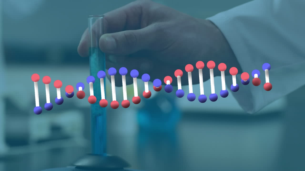 Animation of dna strand spinning over caucasian male scientist holding laboratory test tube