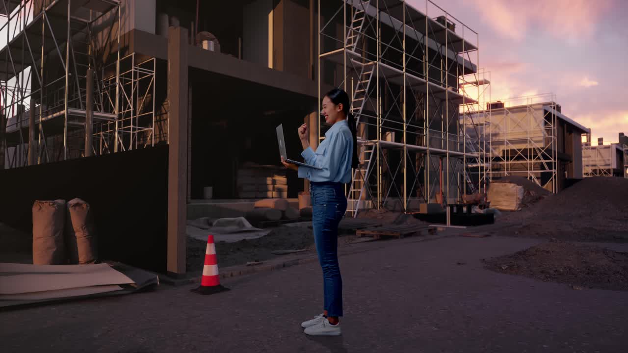 Full Body Side View Of Asian Female Professional Worker With Her Laptop At Construction Site in Progress to New House, She Raises Her Fist Up With Screaming Goal After Typed On The Laptop