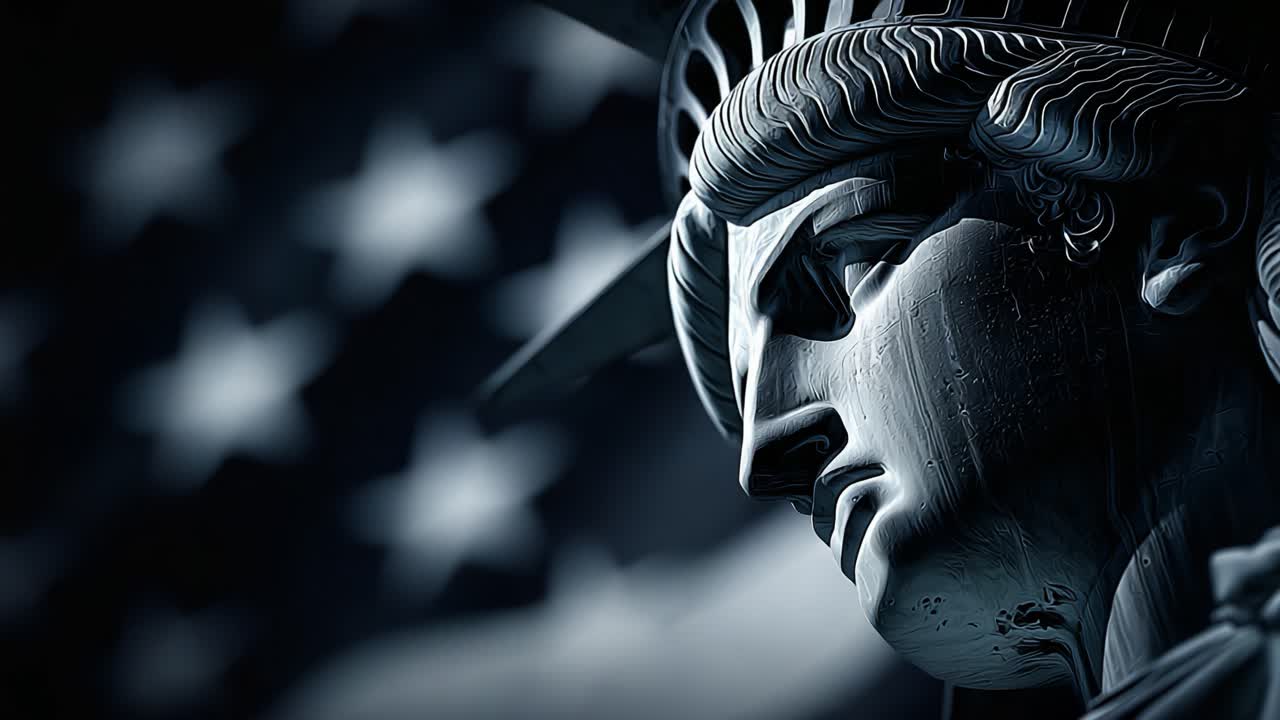 A Detailed Perspective on the Iconic Statue of Liberty, Capturing the Majestic Facial Features Against the Backdrop of a Waving Flag Symbolizing Freedom and Hope