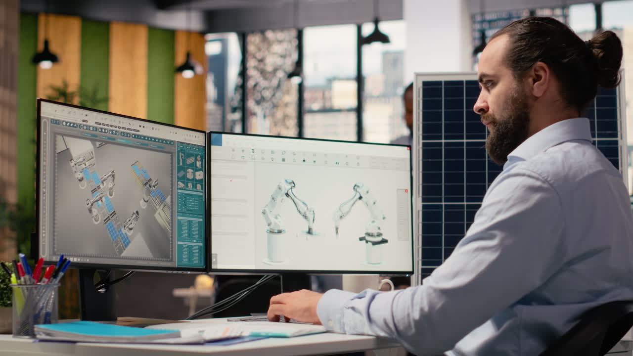 Engineer In Office Works On Solar Panel Cad Design For Improved Technology