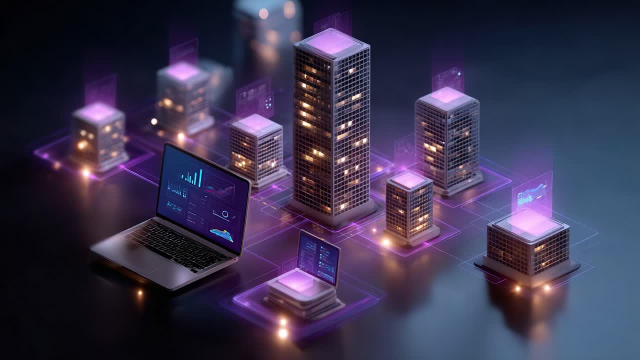 A Futuristic Digital Landscape Showcasing Advanced Data Management with Interactive Displays and Cloud Connectivity in a Nighttime Urban Environment