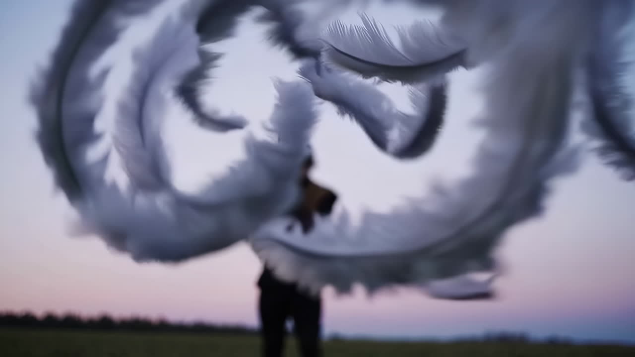 Blurred silhouette of a person holding large floating feathers against a twilight sky