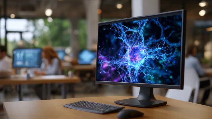 Abstrakte Visualisierung neuronaler Verbindungen auf einem Computermonitor in einem modernen Büro mit Mitarbeitenden im Hintergrund