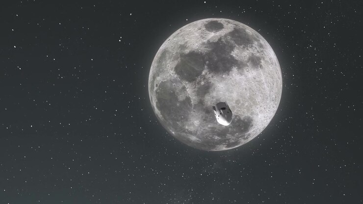 Cápsula Espacial Comercial a Afastar-se da Lua com Reflexo Solar e Fundo de Estrelas - Animação CGI 3D Realista 4K