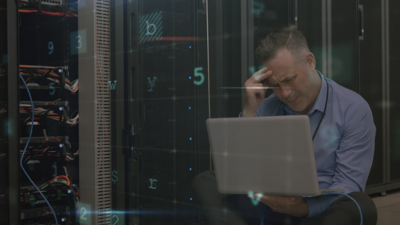 Animation of data processing with cyber attack warning over technician and computer server