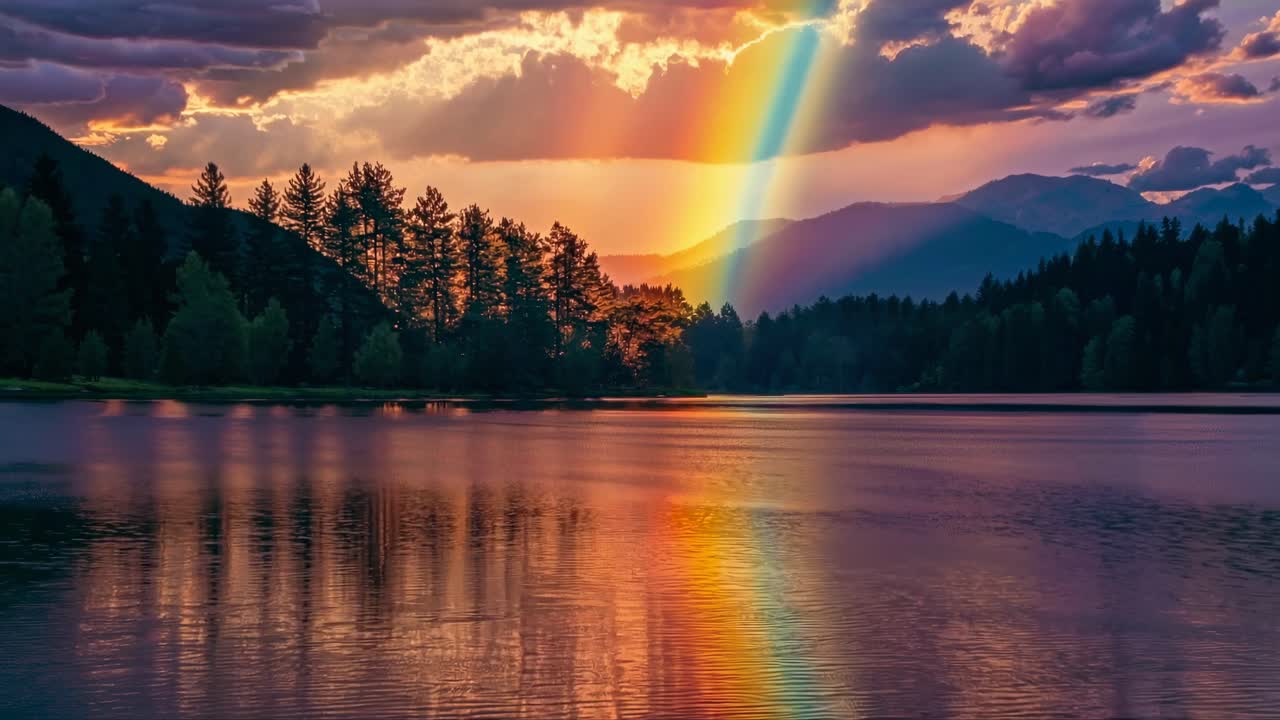 Ein atemberaubendes Landschaftsvideo fängt eine Aufnahme aus der Froschperspektive eines leuchtenden Regenbogens über einem Wald ein.