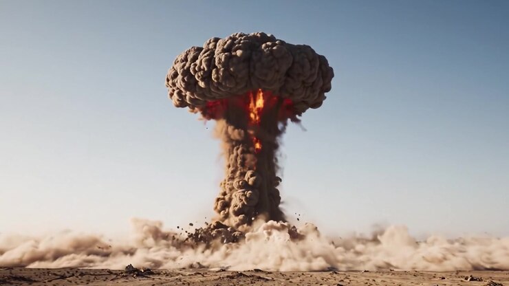 A visually striking sequence showcasing a massive explosion, capturing the awe and destruction of a nuclear blast against a desolate landscape, characterized by its surreal beauty.