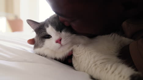 dueño de mascota con su gato en la cama