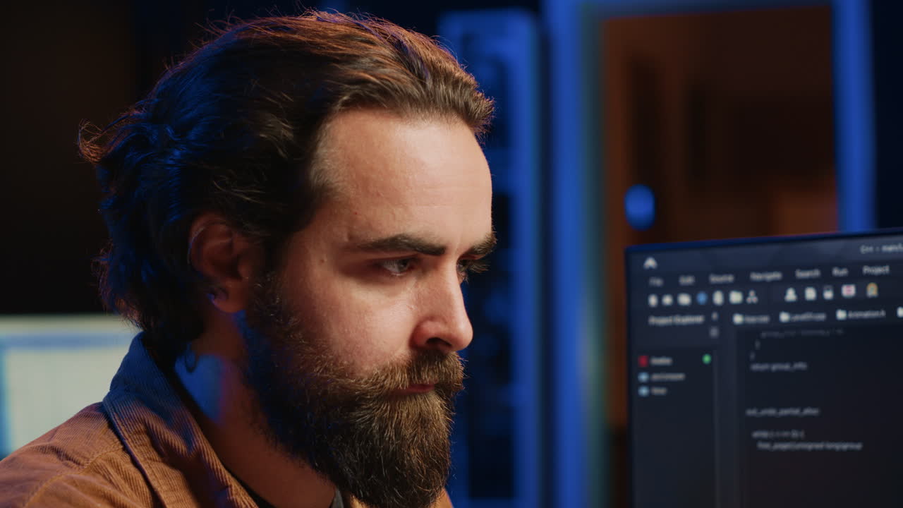 Software technician in apartment office deeply immersed in coding, close up