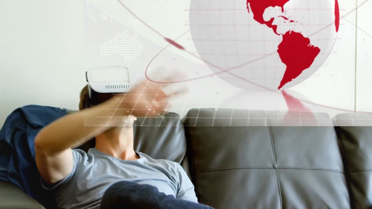 animación del globo con red de conexiones sobre el hombre utilizando auriculares vr