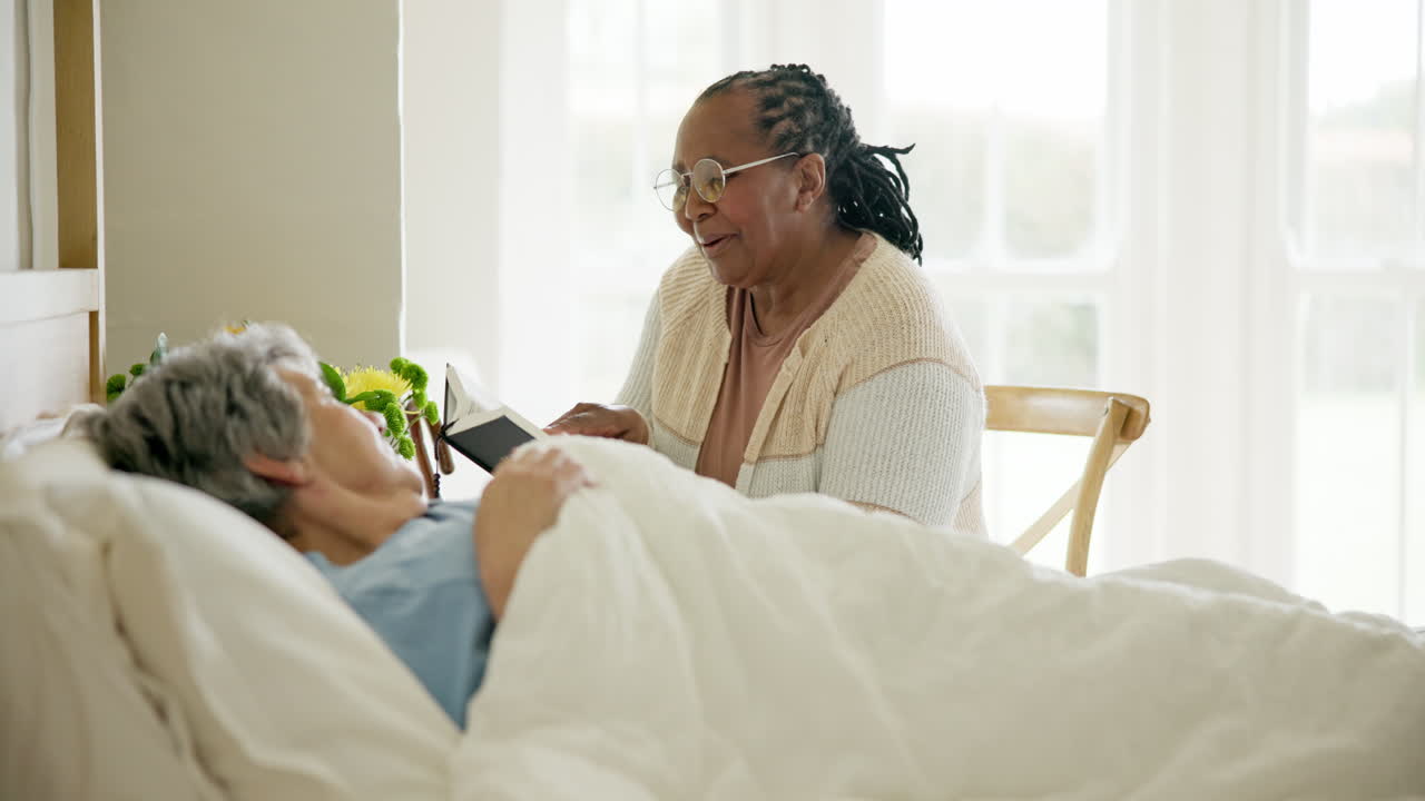 Senior patient, bible study and sick for health