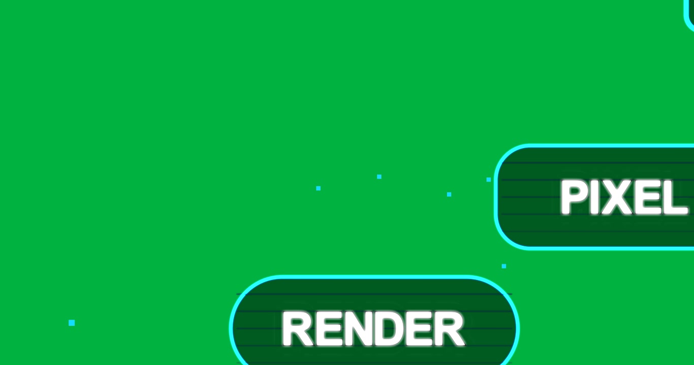 Frame 3 showing neon-cyan RENDER button pulsing, pixels drifting as transparent HUD overlay preview