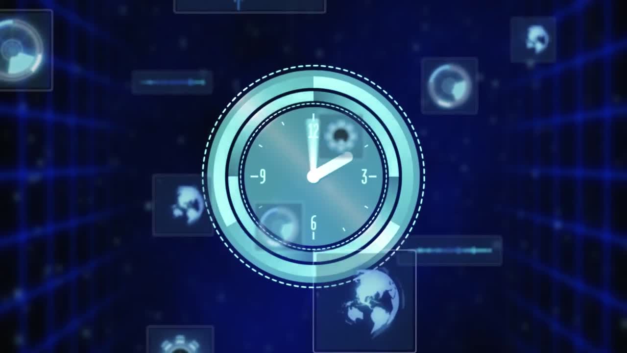 Animation of clock, scopes scanning and data processing over screens on dark background