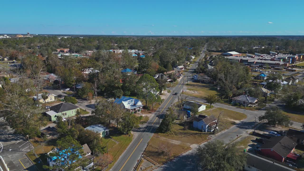 Suburban Streets And Houses On Sunny Day In Georgia, USA. aerial pullback shot