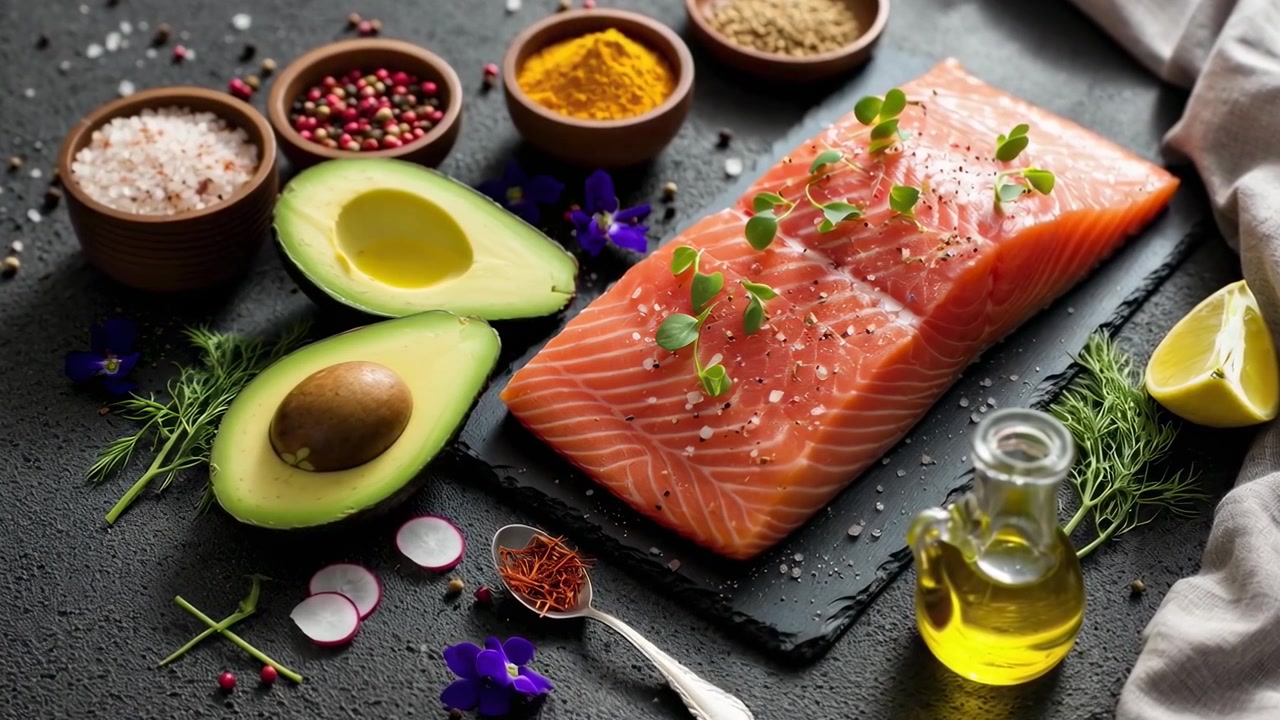 Filetto di salmone fresco crudo con ingredienti sani su sfondo scuro