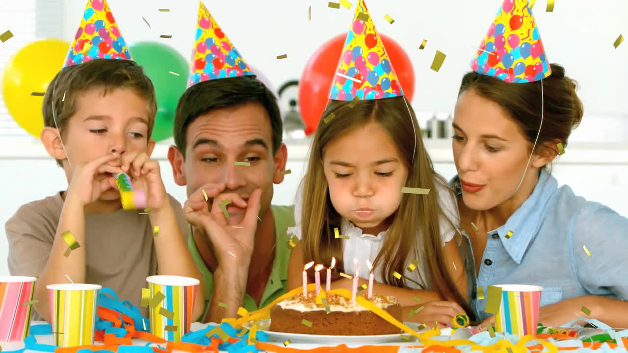Children and adults celebrating birthday with confetti animation over ...