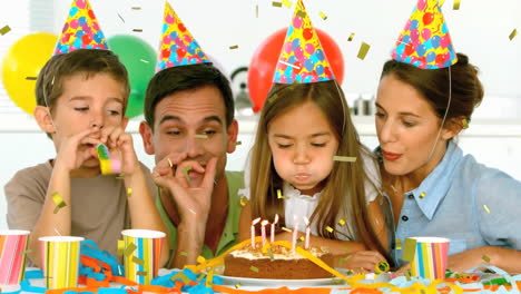 children and adults celebrating birthday with confetti animation over party scene