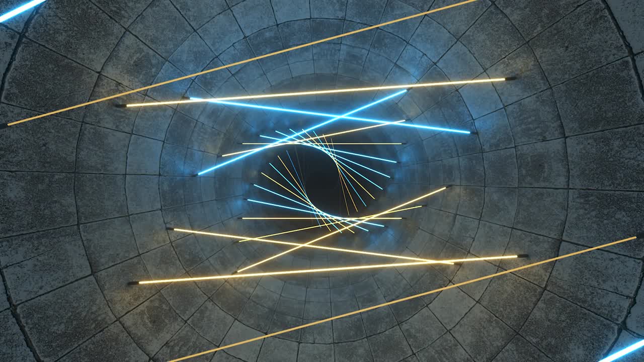 volando en un túnel de hormigón con iluminación de neón. lámparas halógenas. fondo abstracto. espectro de luz azul amarillo moderno. animación 3d
