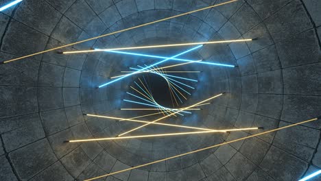 flying in a concrete tunnel with neon lighting. halogen lamps. abstract background. modern blue yellow light spectrum. 3d animation