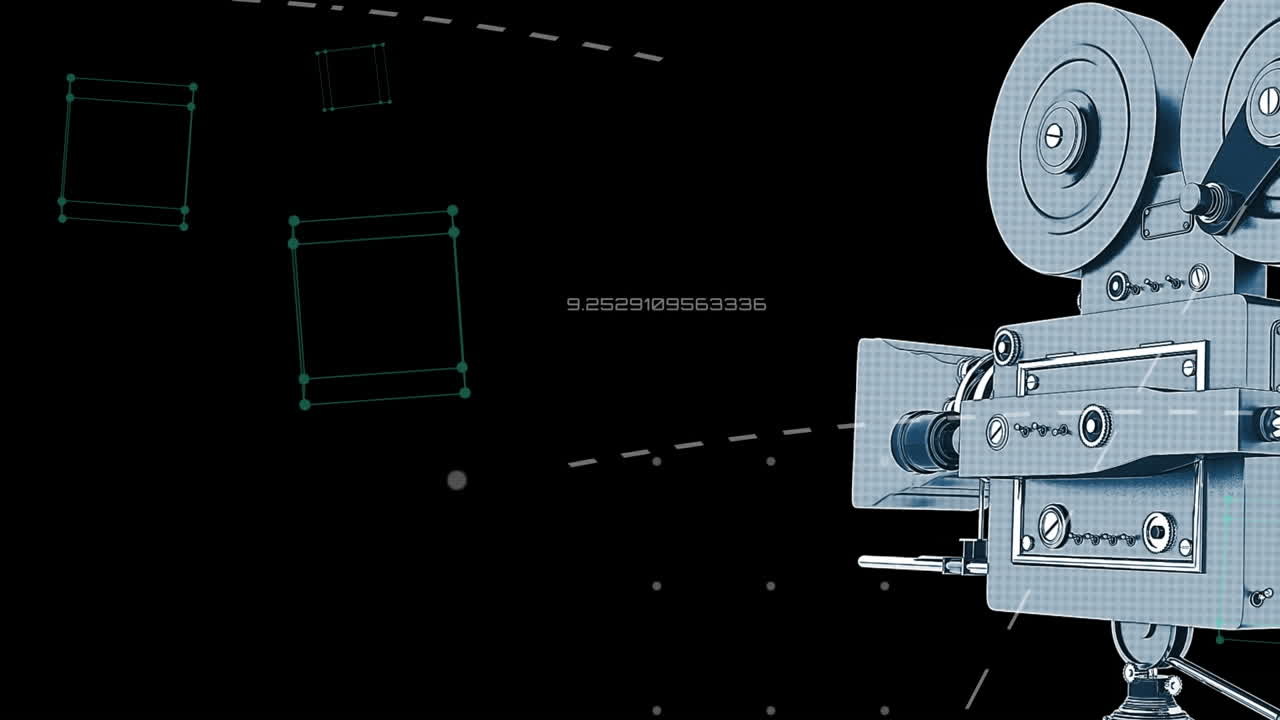 Animation of film camera over white geometrical shapes and data processing on black background
