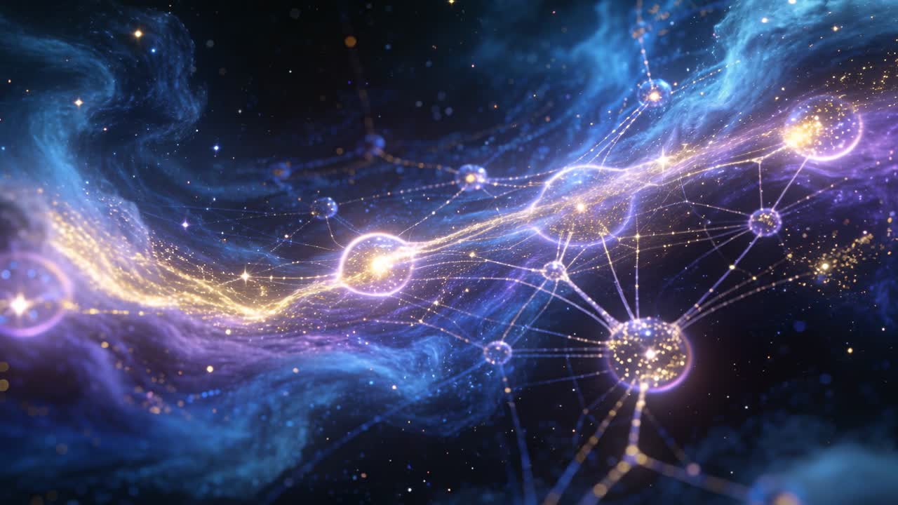Nastro dorato che si muove da sinistra, infilando nodi lungo filamenti in una nebulosa e attivando la rete.