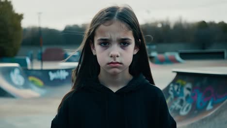 young girl with bruises under her eyes displays a sad expression while standing in a skatepark. the scene captures the emotional impact of violence and bullying on childhood