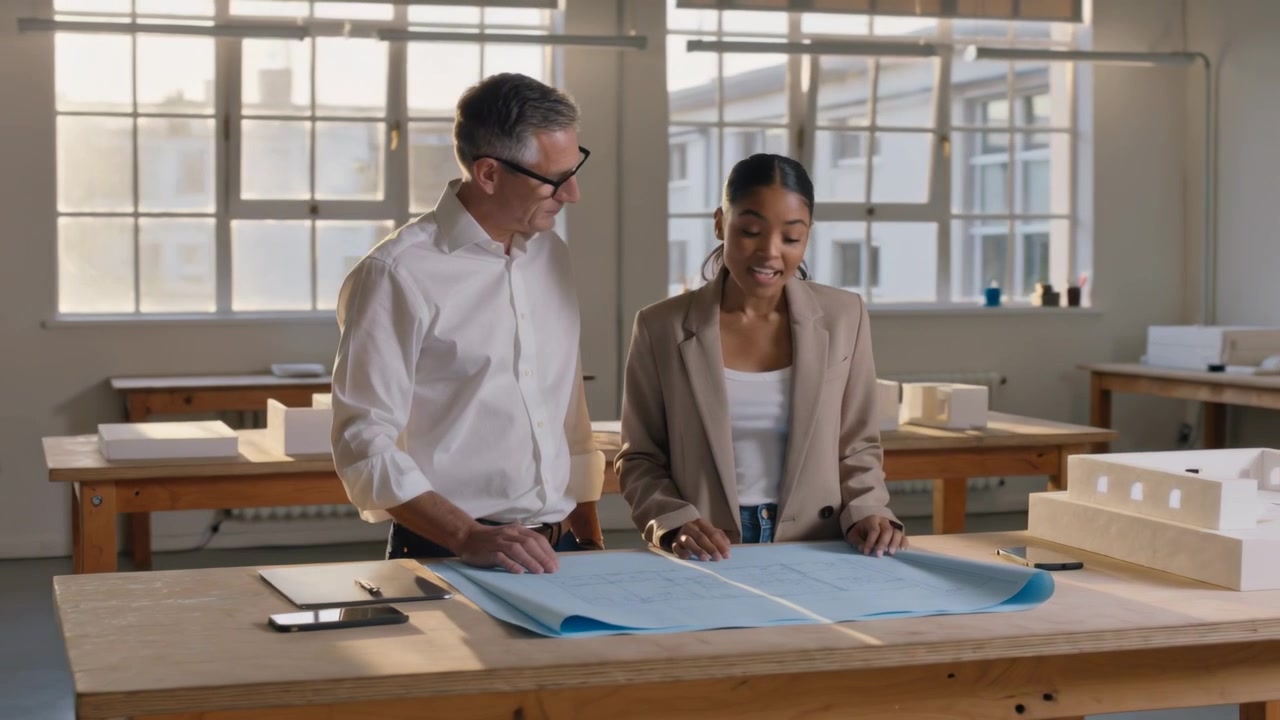 Pointing architect guiding junior at table in studio, reviewing blueprints, woman in beige blazer