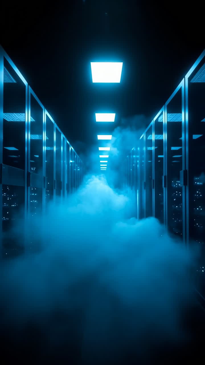 Futuristic Data Center Aisle with Blue Fog and Server Racks