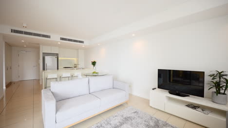 small modern tiled apartment kitchen and white loungeroom staged with furniture