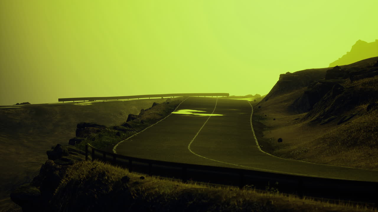 Curved road stretches through an abstract landscape under a yellow sky