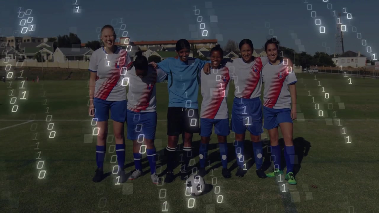 Six soccer players walking linking arms behind ball while binary code cascading for tech branding