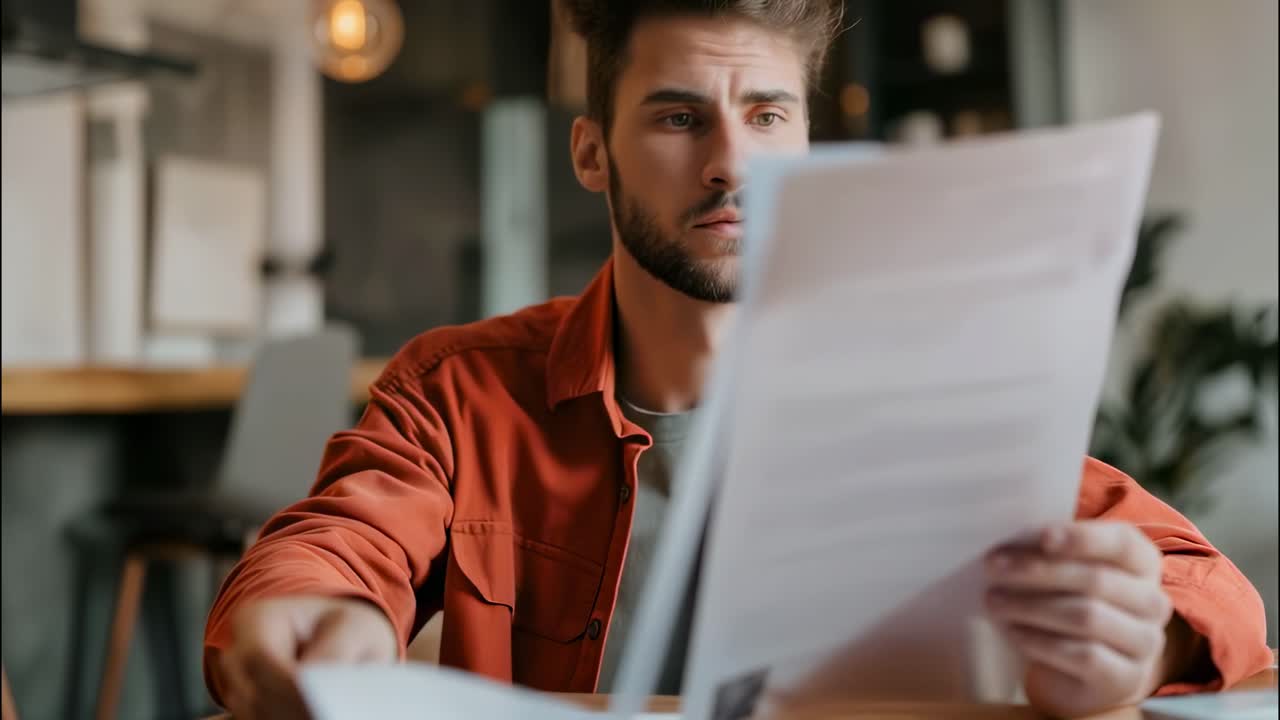 Professional businessman intently examining financial documents, scrutinizing contract details while working from sleek home workspace, displaying focused professional demeanor