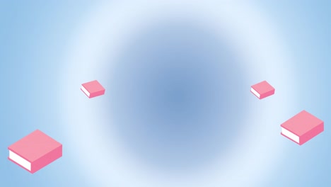 animation of pink books floating on soft blue background with halo