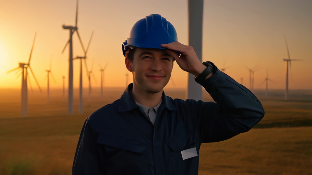 Young engineer at a wind farm during sunset